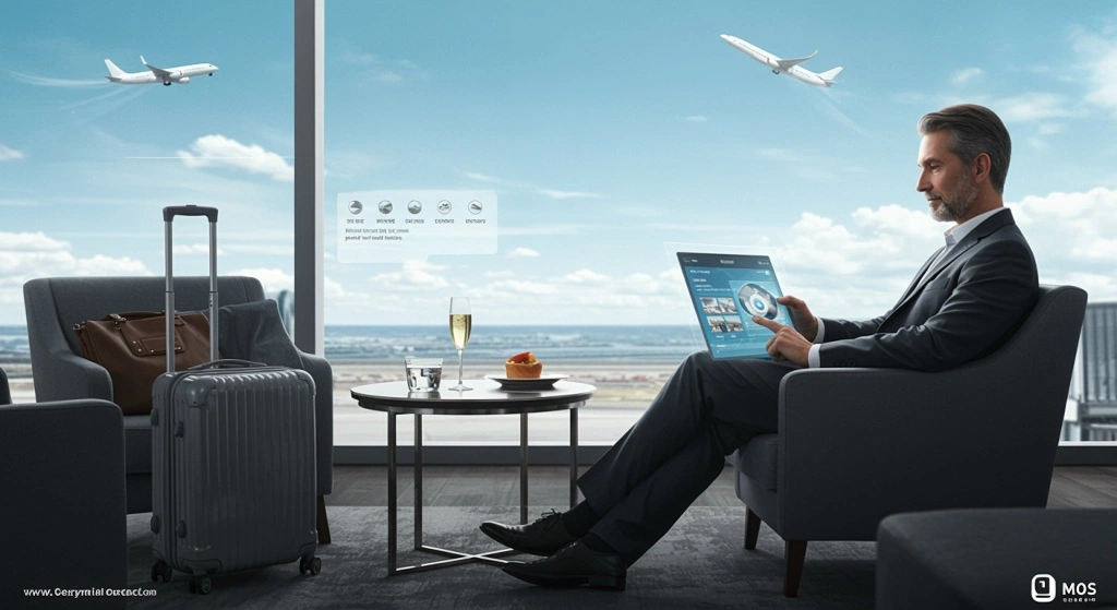 Hombre revisando su computadora en lounge VIP de aeropuerto. 