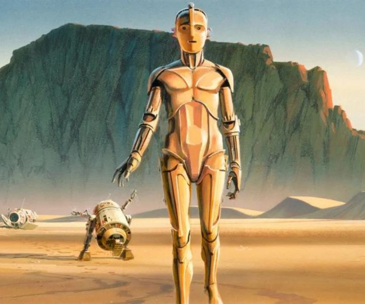 Ralph McQuarrie, pintura de producción para Star Wars: Episodio IV – Una nueva esperanza
(R2-D2 y C-3PO salen de la cápsula en el desierto), 31 de enero de 1975. / Cortesía Lucas Museum of Narrative Art.
