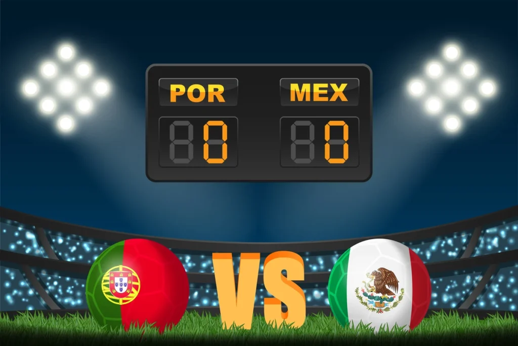 Ilustración de banderas partido México vs Portugal. 