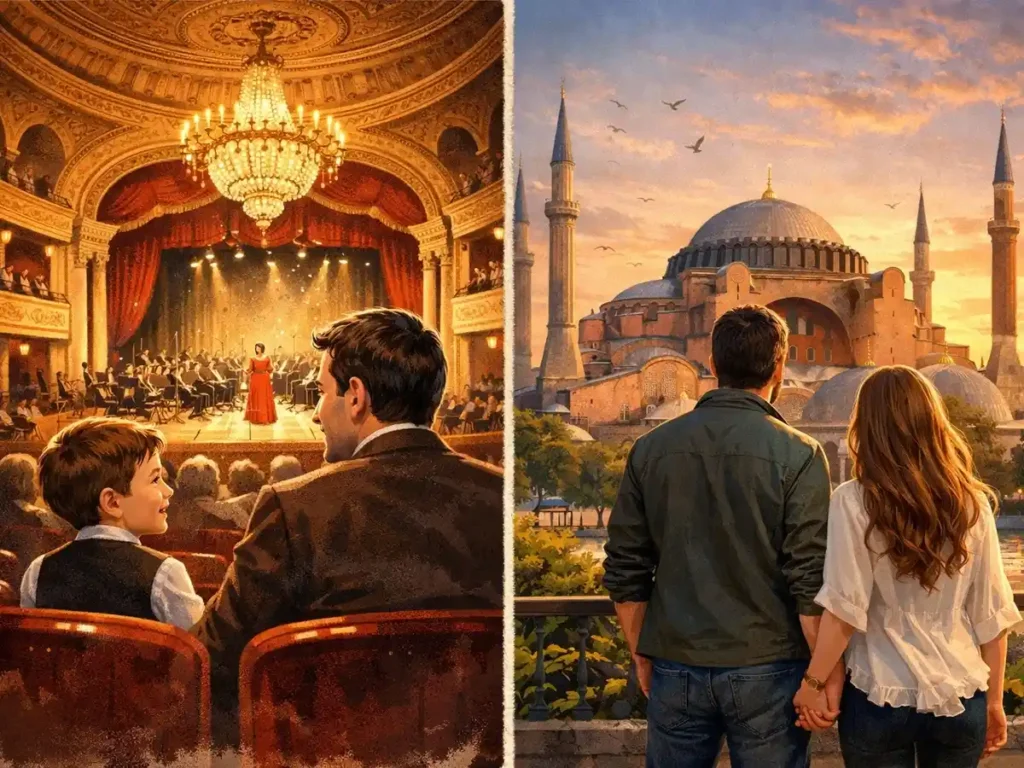 Ilustración niño en Bellas Artes con su padre y, años más tarde, con su pareja en Estambul. Columna de David Páramo.