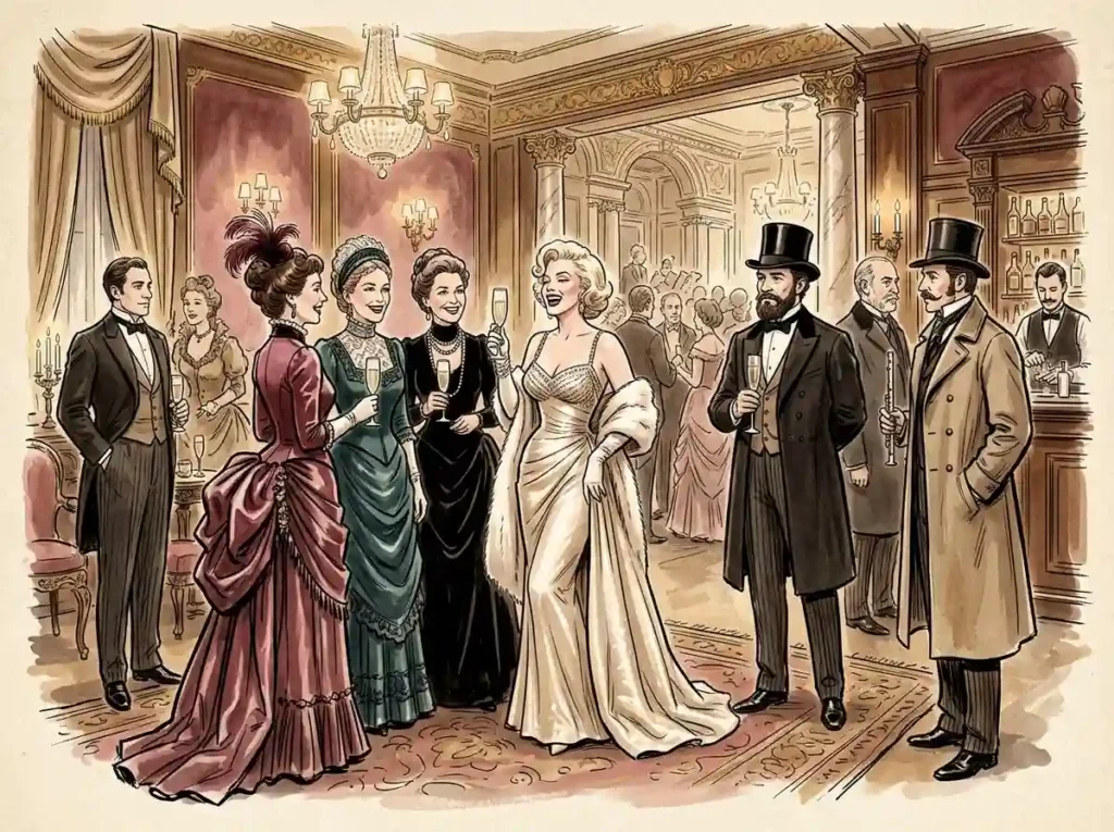 Ilustración de personajes en los años 1880, con Marilyn Monroe brindando , en el hotel The Savoy, Londres, para la columna de Nicolás Alvarado. 