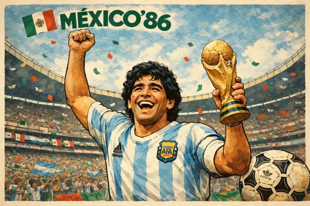 Ilustración de Maradona en el Mundial México 86. 