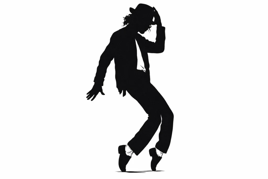 Silueta en blanco y negro de joven haciendo un paso de baile como Michael Jackson. 